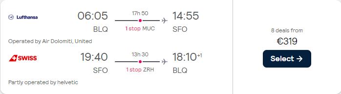 Cheap flights from Italian cities to San Francisco or Los Angeles, USA from only €319 roundtrip with Lufthansa, United Airlines and Swiss International Air Lines. Flight deal ticket image.