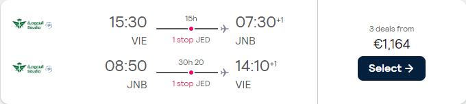 Business Class flights from Vienna, Austria to Johannesburg, South Africa for only €1164 roundtrip. Flight deal ticket image.