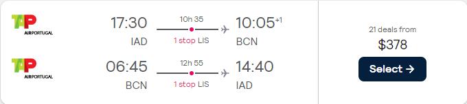 Click here to book this cheap flight deal. Cheap flights from Washington DC to Barcelona, Spain for only $378 roundtrip with TAP Air Portugal. Flight deal ticket image.