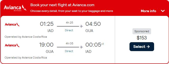 Non-stop, summer flights from Washington DC to Guatemala City, Guatemala for only $153 roundtrip with Avianca. Flight deal ticket image.