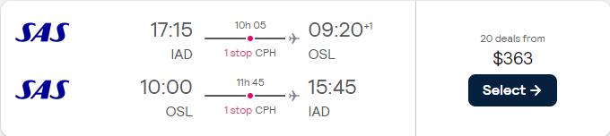 Cheap flights from Washington DC to Scandinavian cities from only $363 roundtrip with Scandinavian Airlines. Flight deal ticket image.