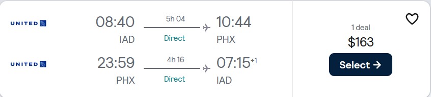Non-stop flights from Washington DC to Phoenix, Arizona for only $163 roundtrip with United Airlines. Also works in reverse. Flight deal ticket image.