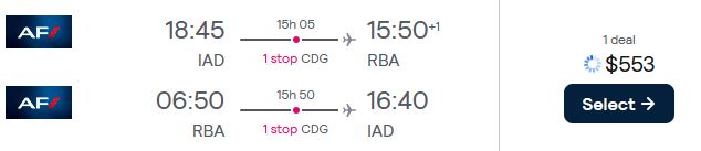 Click here to book this cheap flight deal. Cheap flights from Washington DC to Rabat, Morocco for only $553 roundtrip with Delta Air Lines and Air France. Flight deal ticket image.