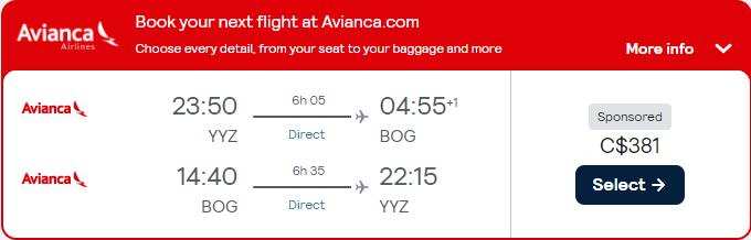 Click here to book this cheap flight deal. Cheap flights from Toronto, Canada to Colombian cities from only $381 CAD roundtrip with Avianca. Flight deal ticket image.