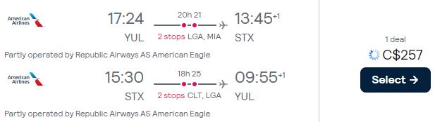 Last minute flights from Montreal, Canada to the US Virgin Islands for only $257 CAD roundtrip with American Airlines. Flight deal ticket image.