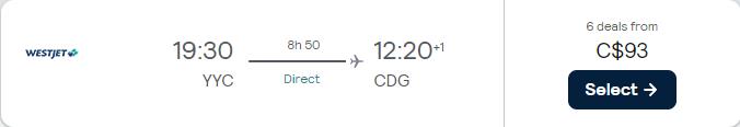 Error Fare, non-stop flights from Calgary, Canada to Paris, France for only $93 CAD one-way. Flight deal ticket image.