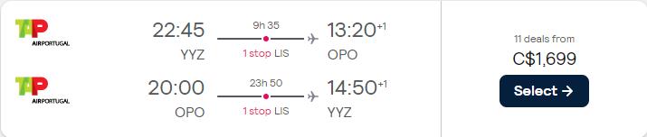 Business Class flights from Toronto, Canada to Portuguese cities from only $1699 CAD roundtrip with TAP Air Portugal. Flight deal ticket image.