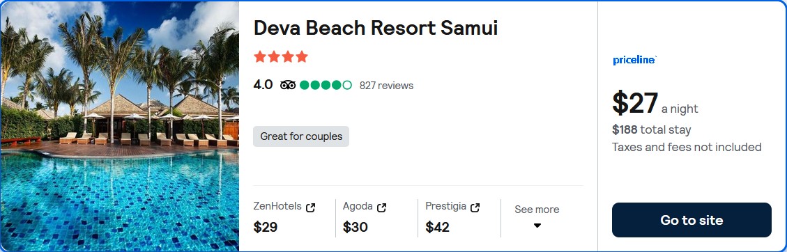 Stay at the 4* Deva Beach Resort Samui in Koh Samui, Thailand for only $27 USD per night. Flight deal ticket image.