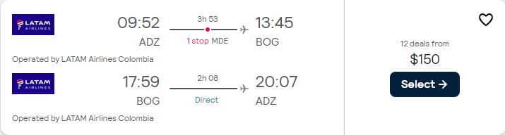 Cheap flights from San Andres Island, Colombia to Bogota, Colombia for only $150 USD roundtrip with LATAM Airlines. Flight deal ticket image.