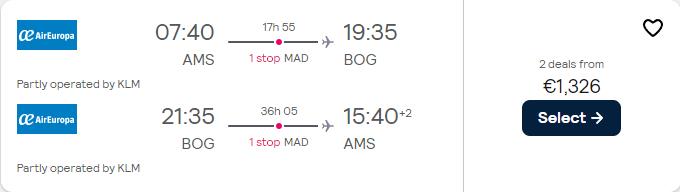 Business Class flights from Amsterdam, Netherlands to Bogota, Colombia for only €1326 roundtrip with Air Europa and KLM. Flight deal ticket image.