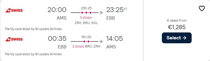 Click here to book this cheap flight deal. Business Class, summer flights from Amsterdam, Netherlands to African cities from only €1285 roundtrip with Swiss International Air Lines and Brussels Airlines. Flight deal ticket image.