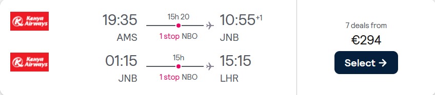 Open-jaw flights from Amsterdam, Netherlands to Johannesburg, South Africa returning to London, UK for only €294. Flight deal ticket image.