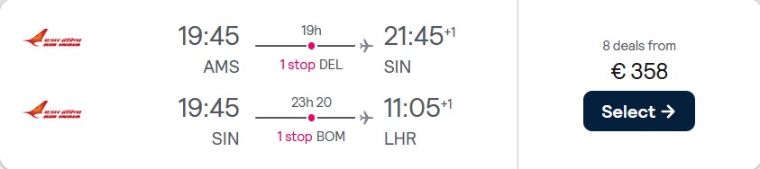Open-jaw flights from Amsterdam, Netherlands to Singapore returning to London, UK for only €358. Flight deal ticket image.