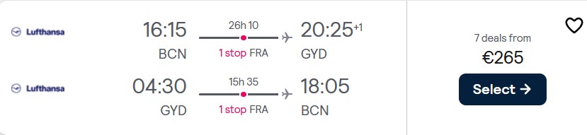 Cheap flights from Barcelona, Spain to Baku, Azerbaijan for only €265 roundtrip with Lufthansa. Flight deal ticket image.