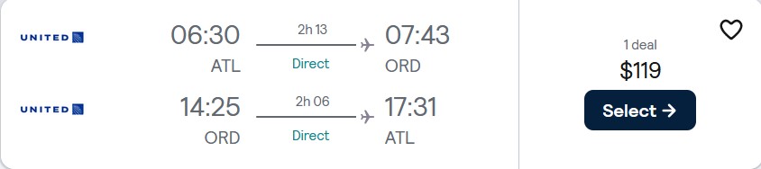Non-stop flights from Atlanta to Chicago for only $119 roundtrip with United Airlines. Also works in reverse. Flight deal ticket image.