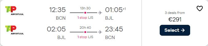 Cheap flights from Barcelona, Spain to Banjul, Gambia for only €291 roundtrip with TAP Air Portugal. Flight deal ticket image.