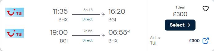 Non-stop flights from Birmingham or London, UK to Barbados from only £300 roundtrip. Flight deal ticket image.