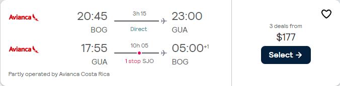 Cheap flights from Bogota, Colombia to Guatemala City, Guatemala for only $177 USD roundtrip with Avianca. Flight deal ticket image.
