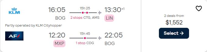 Business Class flights from Bogota, Colombia to Milan or Rome, Italy from only $1505 USD roundtrip with KLM and Air France. Flight deal ticket image.