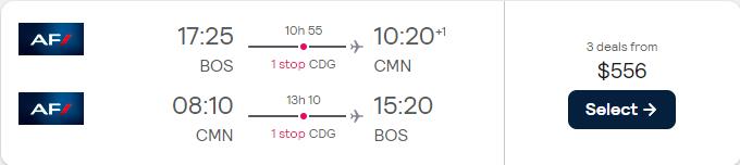 Cheap flights from Boston to Casablanca, Morocco for only $556 roundtrip with Air France. Flight deal ticket image.