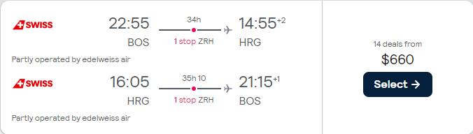Cheap flights from Boston to Hurghada, Egypt for only $660 roundtrip with Swiss International Air Lines. Flight deal ticket image.