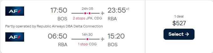 Cheap flights from Boston to Rabat, Morocco for only $527 roundtrip with Air France. Flight deal ticket image.