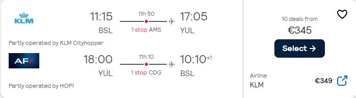 Cheap flights from Basel, Switzerland to Montreal, Canada for only €345 roundtrip with KLM and Air France. Flight deal ticket image.