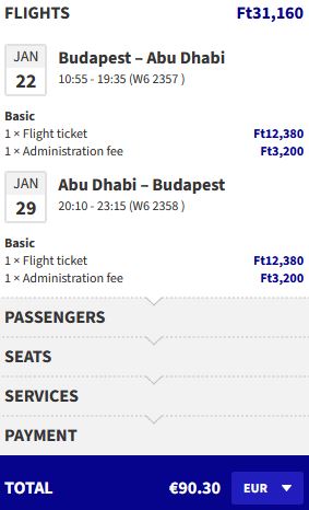 Non-stop flights from Budapest, Hungary to Abu Dhabi, UAE for only €90 roundtrip. Flight deal ticket image.