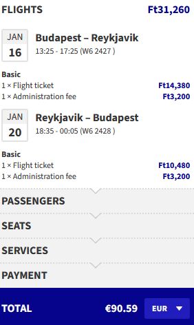 Non-stop flights from Budapest, Hungary to Reykjavik, Iceland for only €90 roundtrip. Flight deal ticket image.