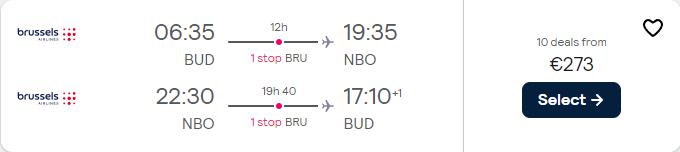 Cheap flights from Budapest, Hungary to Nairobi, Kenya for only €273 roundtrip with Brussels Airlines. Flight deal ticket image.