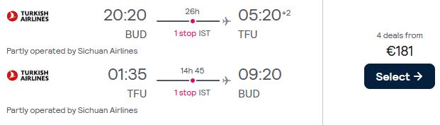 Error Fare flights from Budapest, Hungary to Chengdu, China for only €181 roundtrip. Flight deal ticket image.