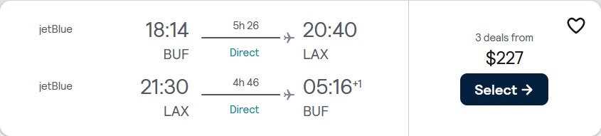 Non-stop flights from Buffalo to Los Angeles for only $227 roundtrip with JetBlue. Also works in reverse. Flight deal ticket image.