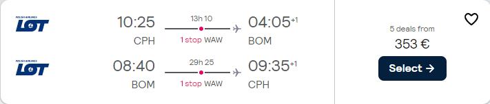 Cheap flights from Copenhagen, Denmark to Mumbai, India for only €353 roundtrip with LOT Polish Airlines. Flight deal ticket image.