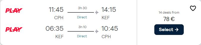 Non-stop flights from Copenhagen, Denmark to Reykjavik, Iceland for only €78 roundtrip. Flight deal ticket image.