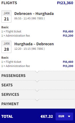 Non-stop flights from Debrecen, Hungary to Hurghada, Egypt for only €67 roundtrip. Flight deal ticket image.