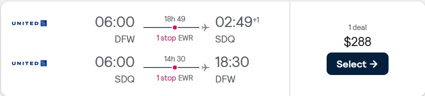 Cheap flights from Dallas, Texas to the Dominican Republic for only $288 roundtrip with United Airlines. Flight deal ticket image.