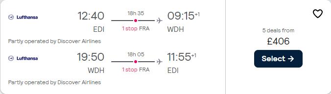 Cheap flights from UK cities to Windhoek, Namibia from only £406 roundtrip with Lufthansa. Flight deal ticket image.