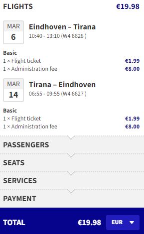 Non-stop flights from Eindhoven, Netherlands to Tirana, Albania for only €19 roundtrip. Flight deal ticket image.