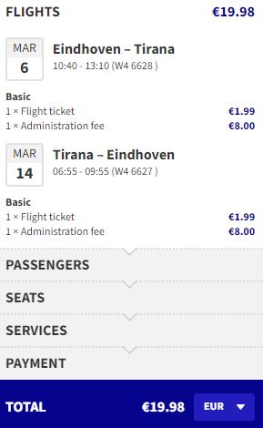 Click here to book this cheap flight deal. Non-stop flights from Eindhoven, Netherlands to Tirana, Albania for only €19 roundtrip. Flight deal ticket image.