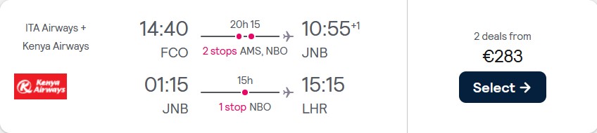 Open-jaw flights from Rome, Italy to Johannesburg, South Africa returning to London, UK for only €283. Flight deal ticket image.