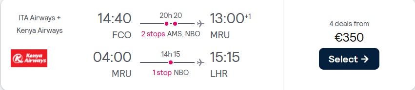 Click here to book this cheap flight deal. Open-jaw flights from Rome, Italy to Mauritius returning to London, UK for only €350. Flight deal ticket image.