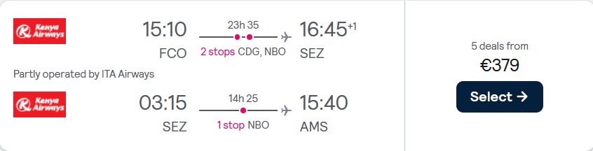 Open-jaw flights from Rome, Italy to the Seychelles returning to Amsterdam, Netherlands for only €379. Flight deal ticket image.