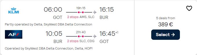 Cheap flights from Gothenburg, Sweden to Burbank, California for only €389 roundtrip with KLM, Delta Air Lines and Air France. Flight deal ticket image.
