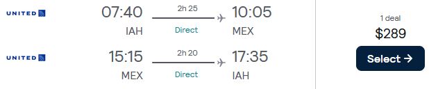 Non-stop flights from Houston, Texas to Mexico City, Mexico for only $289 roundtrip with United Airlines. Flight deal ticket image.