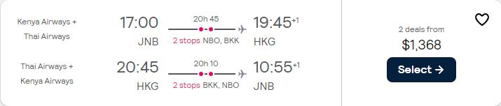 Business Class flights from Johannesburg, South Africa to Hong Kong for only $1368 USD roundtrip with Kenya Airways and Thai Airways. Flight deal ticket image.