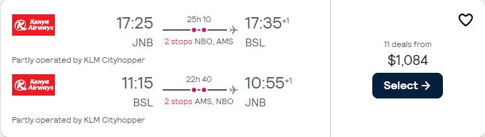 Business Class, summer flights from Johannesburg, South Africa to Swiss cities from only $1084 USD roundtrip with KLM. Flight deal ticket image.