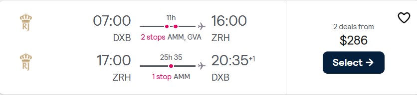 Cheap flights from Dubai, UAE to Zurich, Switzerland for only $286 USD roundtrip. Flight deal ticket image.