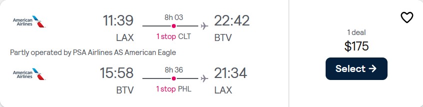 Cheap flights from Los Angeles to Burlington for only $175 roundtrip with American Airlines. Also works in reverse. Flight deal ticket image.