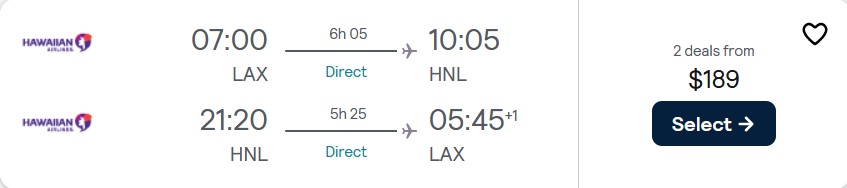 Non-stop flights from Los Angeles to Honolulu, Hawaii for only $189 roundtrip with Hawaiian Airlines. Also works in reverse. Flight deal ticket image.