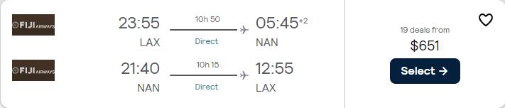 Click here to book this cheap flight deal. Non-stop, summer flights from Los Angeles or San Francisco to Fiji for only $651 roundtrip with Fiji Airways. Flight deal ticket image.